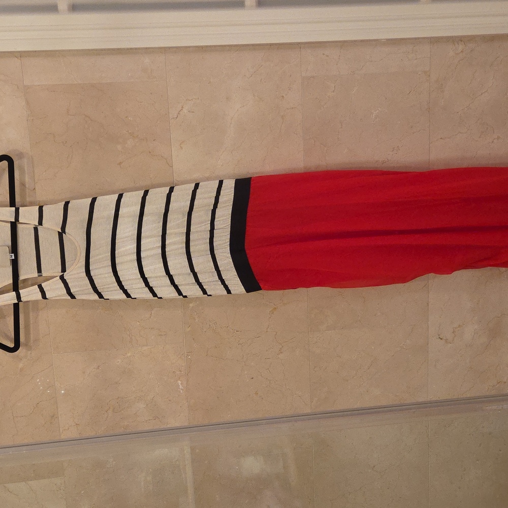 WOMEN'S MASON RED CHIFFON & BLACK WHITE STRIPED MAXI LONG DRESS SZ M $290